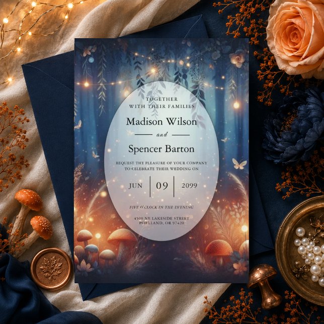 Convite Casamento Mágico com Luzes de Fadas e Floresta ao  (Criador carregado)
