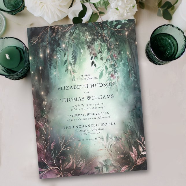 Convite Casamento Mágico da Floresta Dourada Encantada (enchanted forest wedding invitation elegant magical fairy garden foliage greenery overhanging vines )