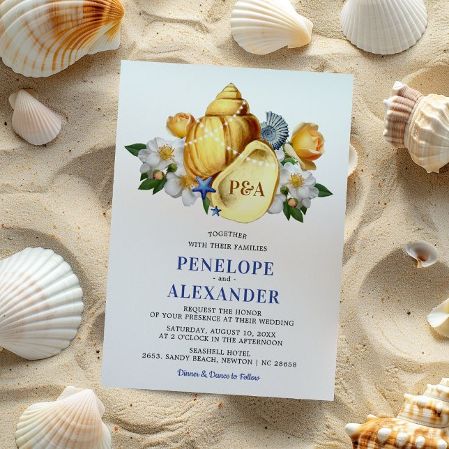 Convite Casamento Mágico de Floral de Concha na Praia (Criador carregado)