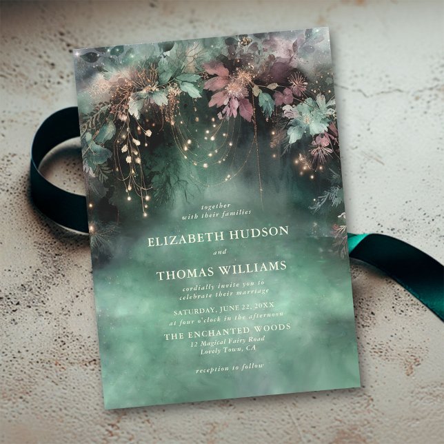 Convite Casamento Mágico do Arco Verde Florestal Encantado (enchanted forest wedding invitation elegant magical fairy garden foliage greenery overhanging vines )