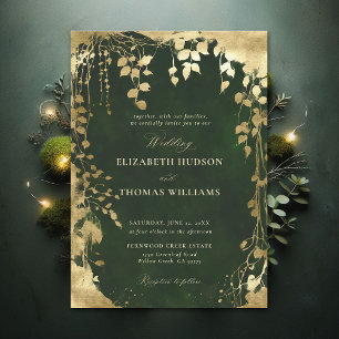Convite Casamento Mágico Dourado de Quadro Foliar Floresta