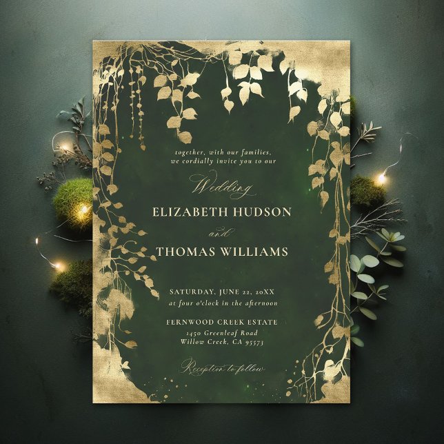 Convite Casamento Mágico Dourado de Quadro Foliar Floresta (Enchanted Forest Hunter Green Draped Greenery Frame Modern Calligraphy Wedding Invitation)