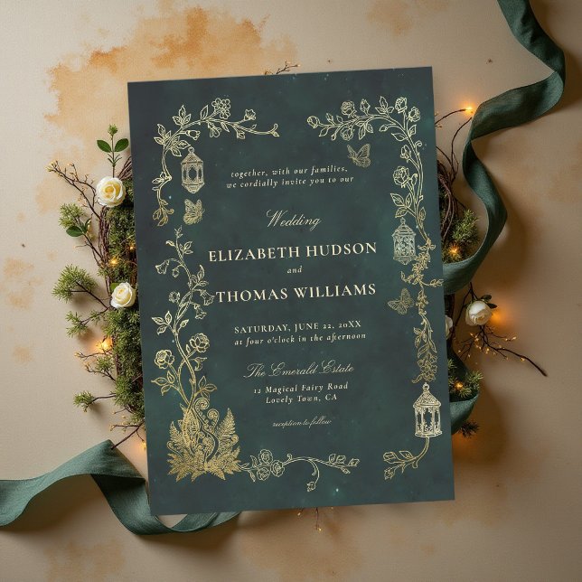 Convite Casamento Mágico Esmeralda Floresta Fairycore (fairycore woodland emerald green faux gold wild vine roses butterflies magical wedding invitation)