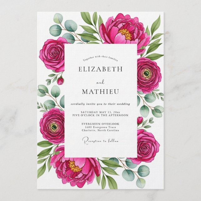 Convite Casamento Mágico Floral Magenta (Frente)