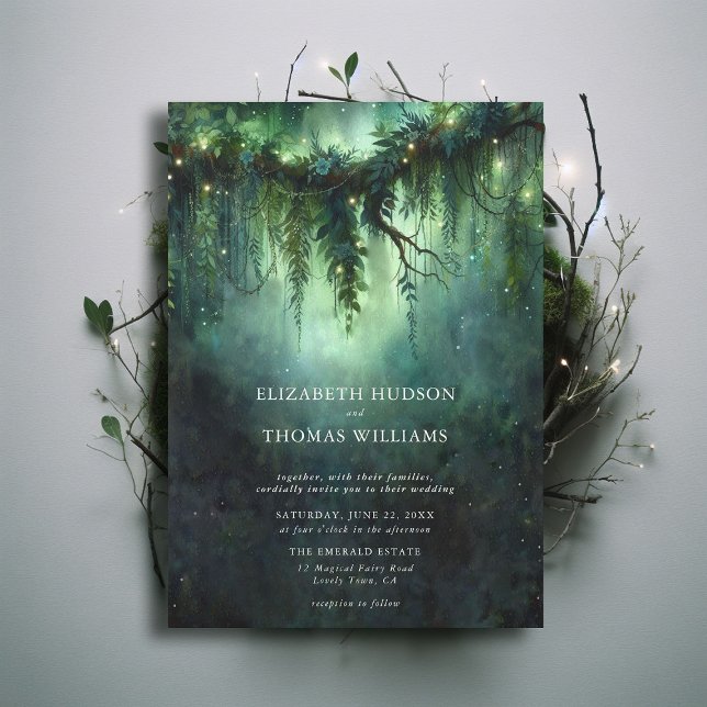 Convite Casamento Mágico moderno escuro Encantado na Flore (moody forest wedding enchanted fairy tale faerie woodland magical bespoke elegant modern invitation)