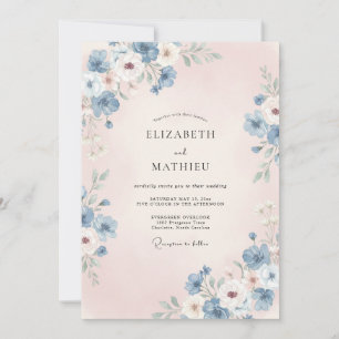 Convite Casamento Magnífico de Primavera em Azul Empoeirad