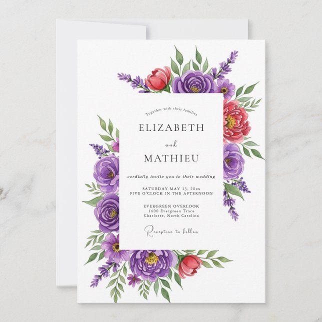 Convite Casamento Magnífico de Primavera Roxo (Frente)