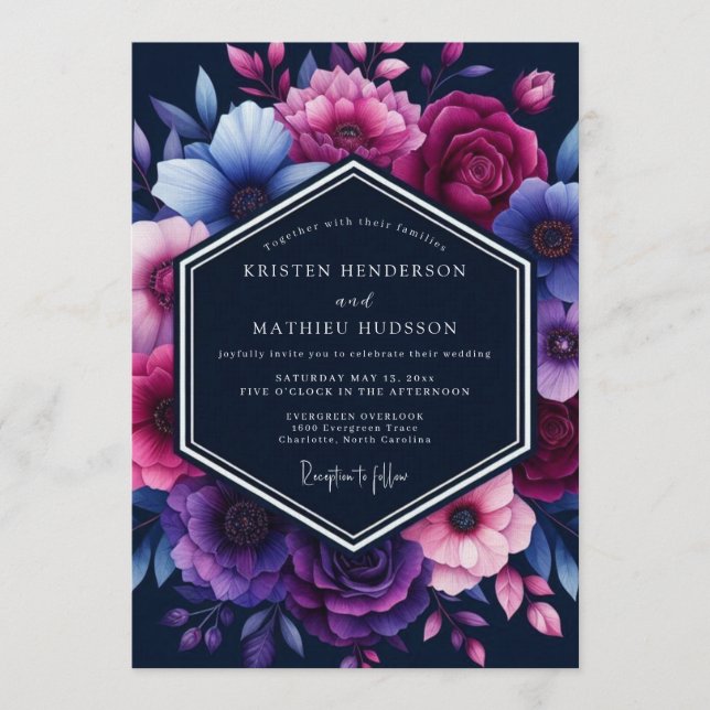 Convite Casamento Magnífico e Temperamental Azul-Navy (Frente)