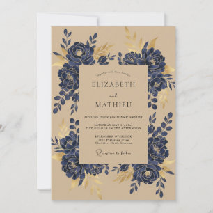Convite Casamento Magnólia Dourada Marinho