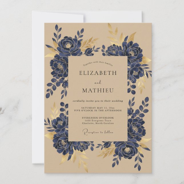 Convite Casamento Magnólia Dourada Marinho (Frente)