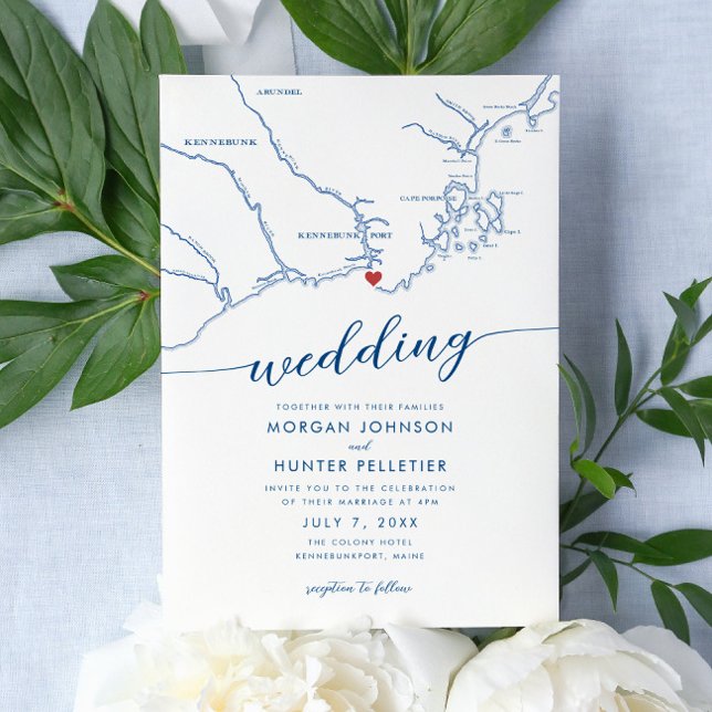 Convite Casamento Maine Moderno de Kennebunkport (Modern Minimal Elegant Kennebunkport Maine Wedding Invitation with red heart over a navy blue map)