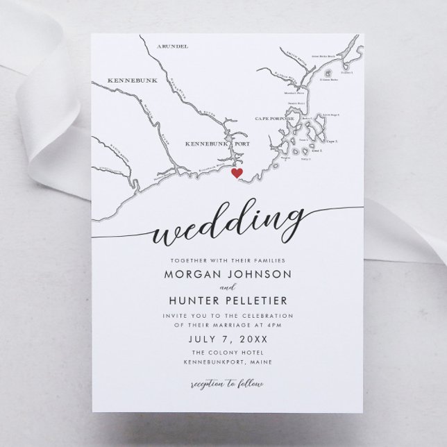 Convite Casamento Maine Moderno de Kennebunkport (Kennebunkport Maine Wedding Invitation with a minimal modern elegant map design in black and white)