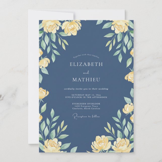 Convite Casamento Majestoso de Primavera Azul Marinho (Frente)