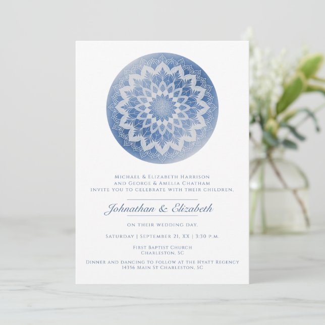 Convite Casamento Mandala de Renda Azul (Em pé/Frente)