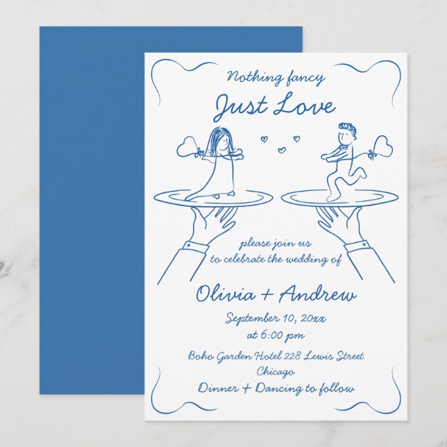 Convite Casamento Manuscrito De Mão Azul (Frente/Verso)