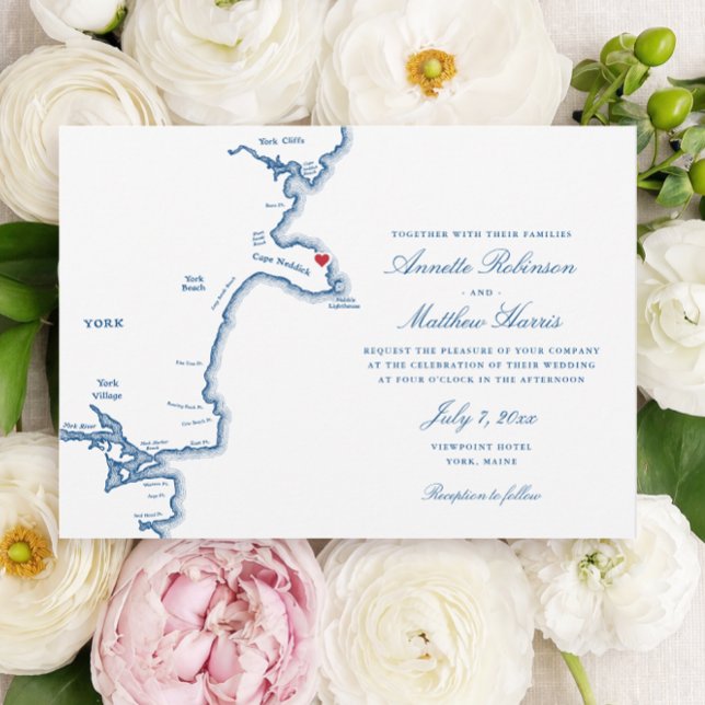 Convite Casamento Mapa Elegante Marinho York Maine (Viewpoint Hotel Wedding Invitation with York Maine Map in elegant navy blue by Coastal Map Designs)