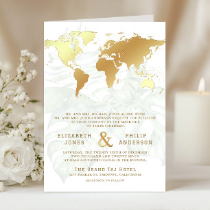 Convite Casamento Mapa Mundial Destino Tropical Ouro Branc