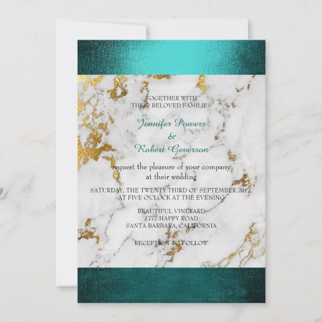 Convite Casamento Marble White Cinza Teal Green (Frente)