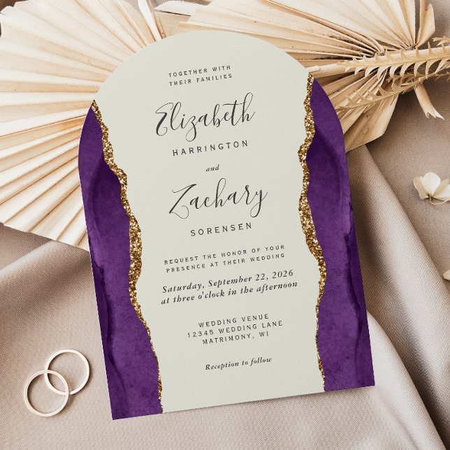 Convite Casamento Marfim Arco Ágata Roxo Dourado Chic (Criador carregado)