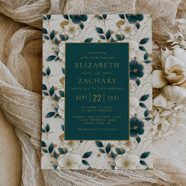 Convite Casamento Marfim Floral Azul Escuro Dourado Elegan