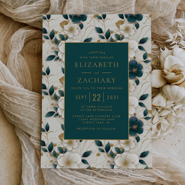 Convite Casamento Marfim Floral Azul Escuro Dourado Elegan (Criador carregado)