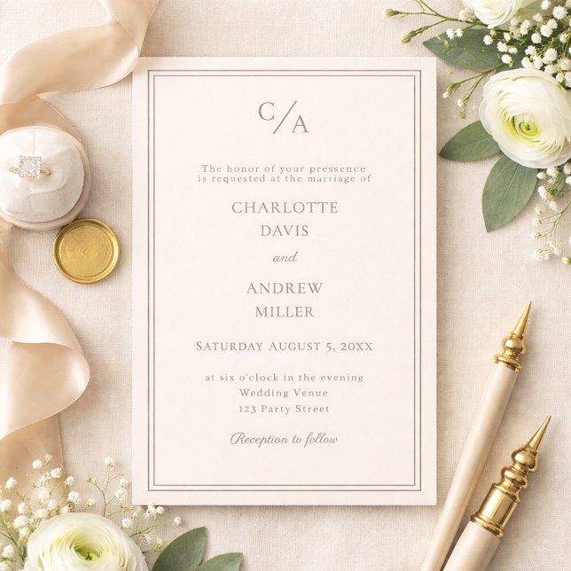 Convite Casamento marfim taupe monogramado simples (Criador carregado)
