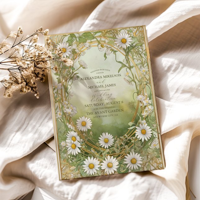 Convite Casamento Marfim Verde Art Nouveau de Margaridas (Criador carregado)