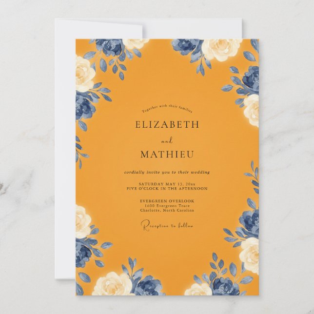 Convite Casamento Marigold Indigo Ranunculus Eucalipto (Frente)