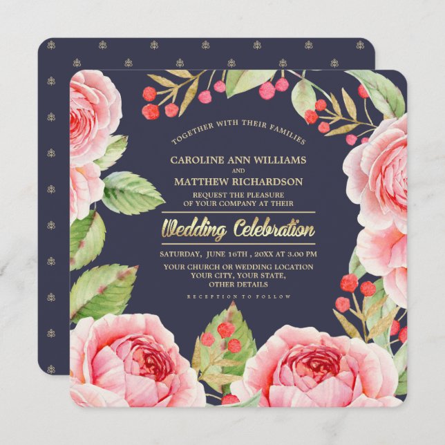 Convite Casamento Marinho Azul das Flores de Aquarela Româ (Frente/Verso)