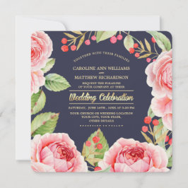 Convite Casamento Marinho Azul das Flores de Aquarela Româ