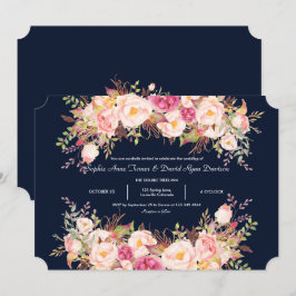 Convite Casamento Marinho Azul das Flores Rosa Elegante