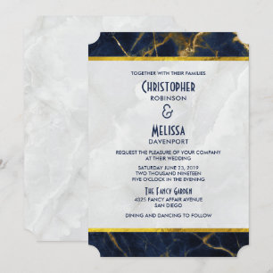 Convite Casamento Marinho Azul e Dourado Marble Modern