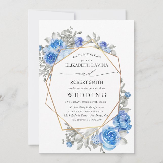 Convite Casamento marinho Azul Floral Watercolor (Frente)