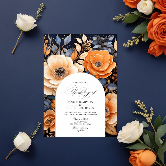Convite Casamento marinho Azul, Laranja Queimado e Champan (Navy Blue, Burnt Orange and Champagne Wedding Invitation)