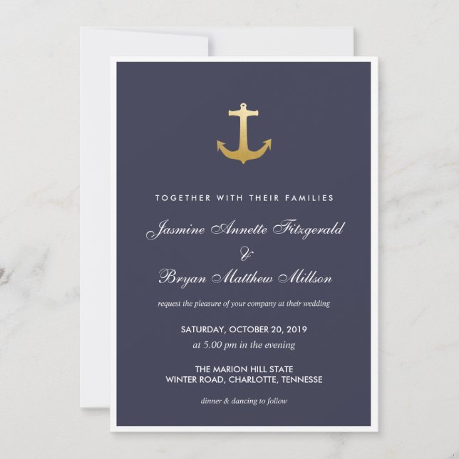 Convite Casamento Marinho Azul Náutico Faux Gold Foil Anch (Frente)