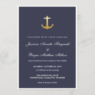Convite Casamento Marinho Azul Náutico Faux Gold Foil Anch