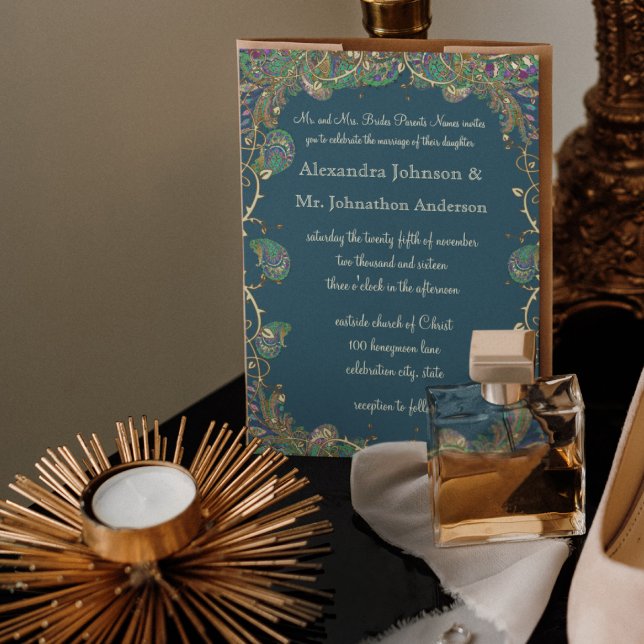 Convite Casamento marinho de Cobre e Paisley Peacock Verde (Criador carregado)