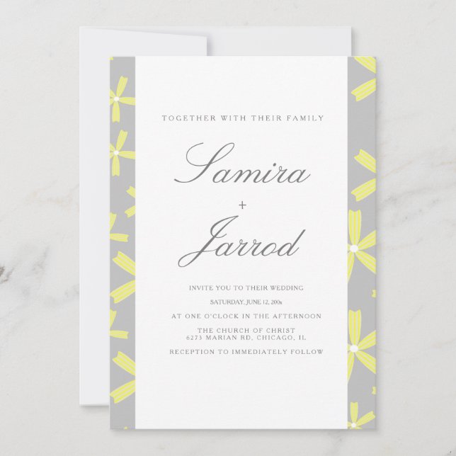 Convite Casamento Mármore Abstrato Simples Amarelo e Cinza (Frente)