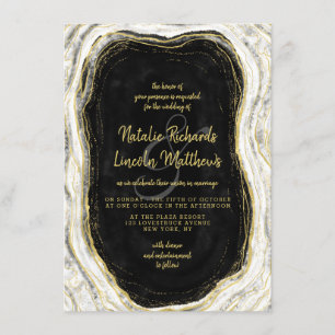 Convite Casamento Mármore Ágata Geodo Preto Branco & Ouro