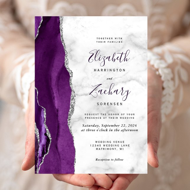 Convite Casamento Mármore Ágata Prata Roxo Moderno (Criador carregado)