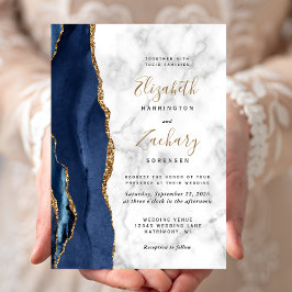 Convite Casamento Mármore Azul Naval Dourado Ágata Moderno
