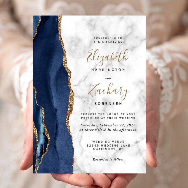 Convite Casamento Mármore Azul Naval Dourado Ágata Moderno (Criador carregado)