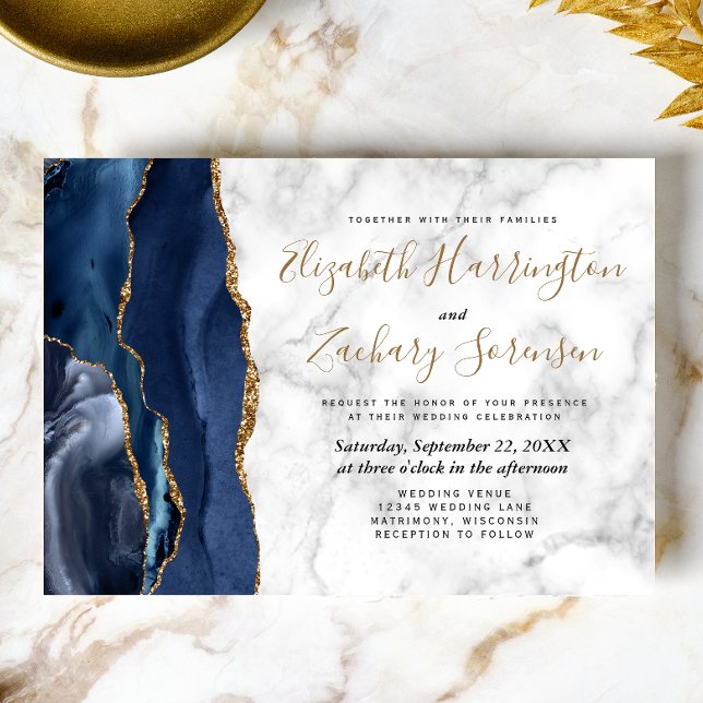 Convite Casamento Mármore Azul Naval Dourado Ágata Moderno (Criador carregado)