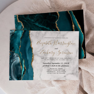 Convite Casamento Mármore Azul Teal Dourado Moderno