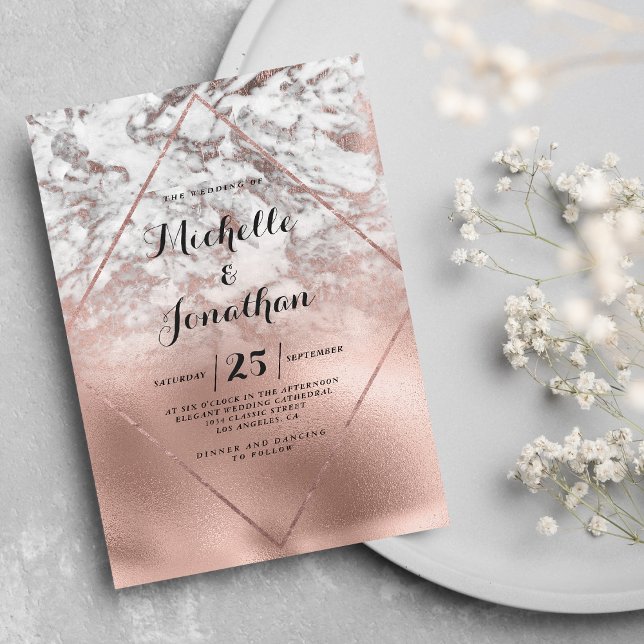Convite Casamento mármore gradiente geométrico branco dour (Geometric white rose gold gradient marble wedding)