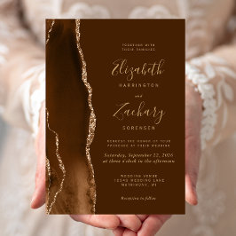 Convite Casamento Marrom Ágata Dourado Mocha Moderno