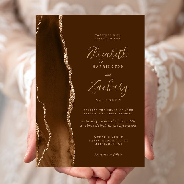 Convite Casamento Marrom Ágata Dourado Mocha Moderno (Criador carregado)