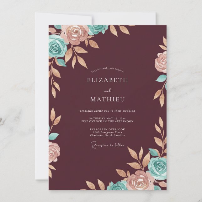 Convite Casamento Marrom Água Ranunculus Eucalipto (Frente)