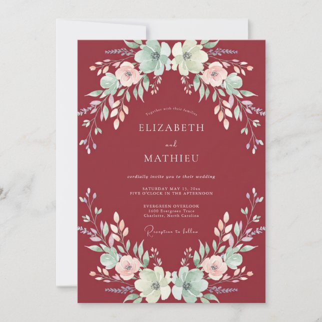 Convite Casamento Marrom Água Ranunculus Eucalipto Silenci (Frente)