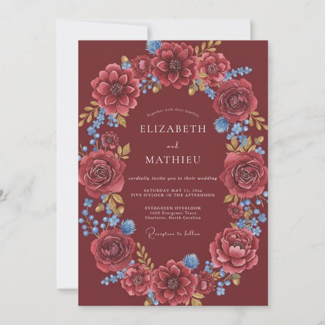 Convite Casamento Marrom Azul Dahlia (Frente)
